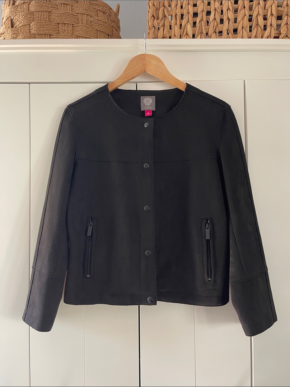 Vince Camuto Black Round-Neck Snap Front Leather Jacket